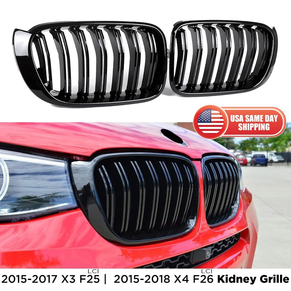 BMW 15-17 X3 F25 LCI, 15-18 X4 F26 LCI Front Bumper Gloss Black Kidney Grille