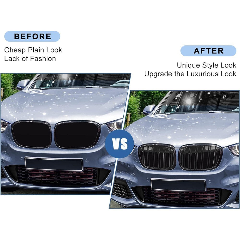 For BMW X1 F48 15-19 Front Bumper Gloss Black Racing Kidney Grille Double Slats