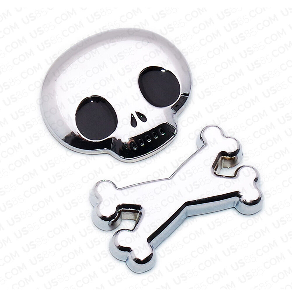 3D Fashion Metal Cute Skull w/ Bone Car Decal Badge Emblem Sticker Decoration