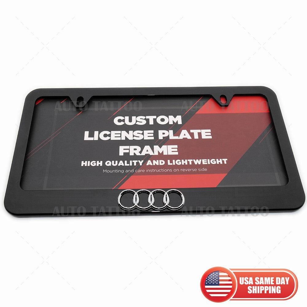 1x 3D Audi Ring Sport Black License Plate Frame Cover Decorate + Screw Caps