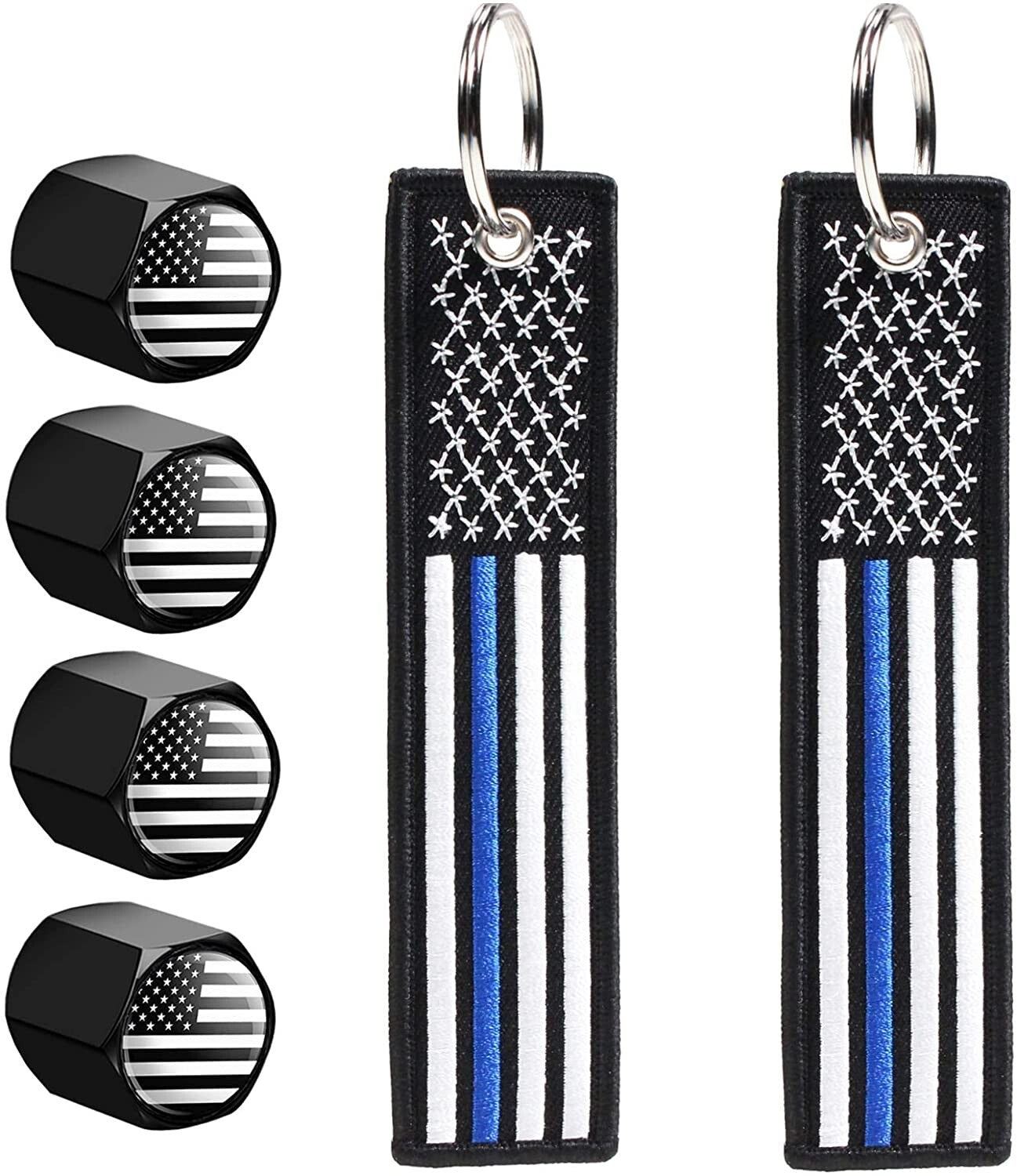 2 Pack American Flag Keychain Tag with 4 Pack American Flag Valve Stem Caps Gift
