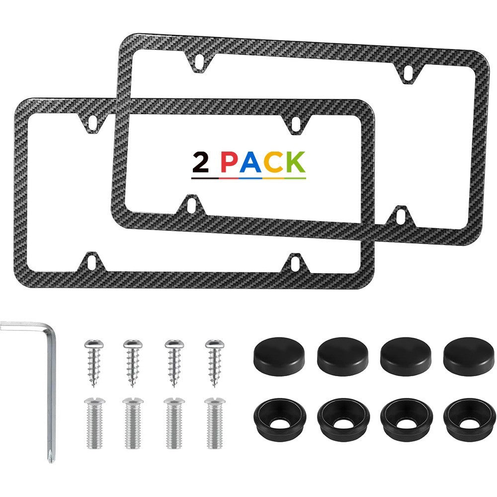 Slim Carbon Fiber Style License Plate Frame 2 PCS Stainless Steel Heavy Duty US