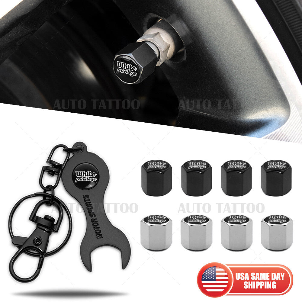 4pcs -Privilege Car Tire Wheels Air Stem Dust Valve Caps Cover + Keychain - White