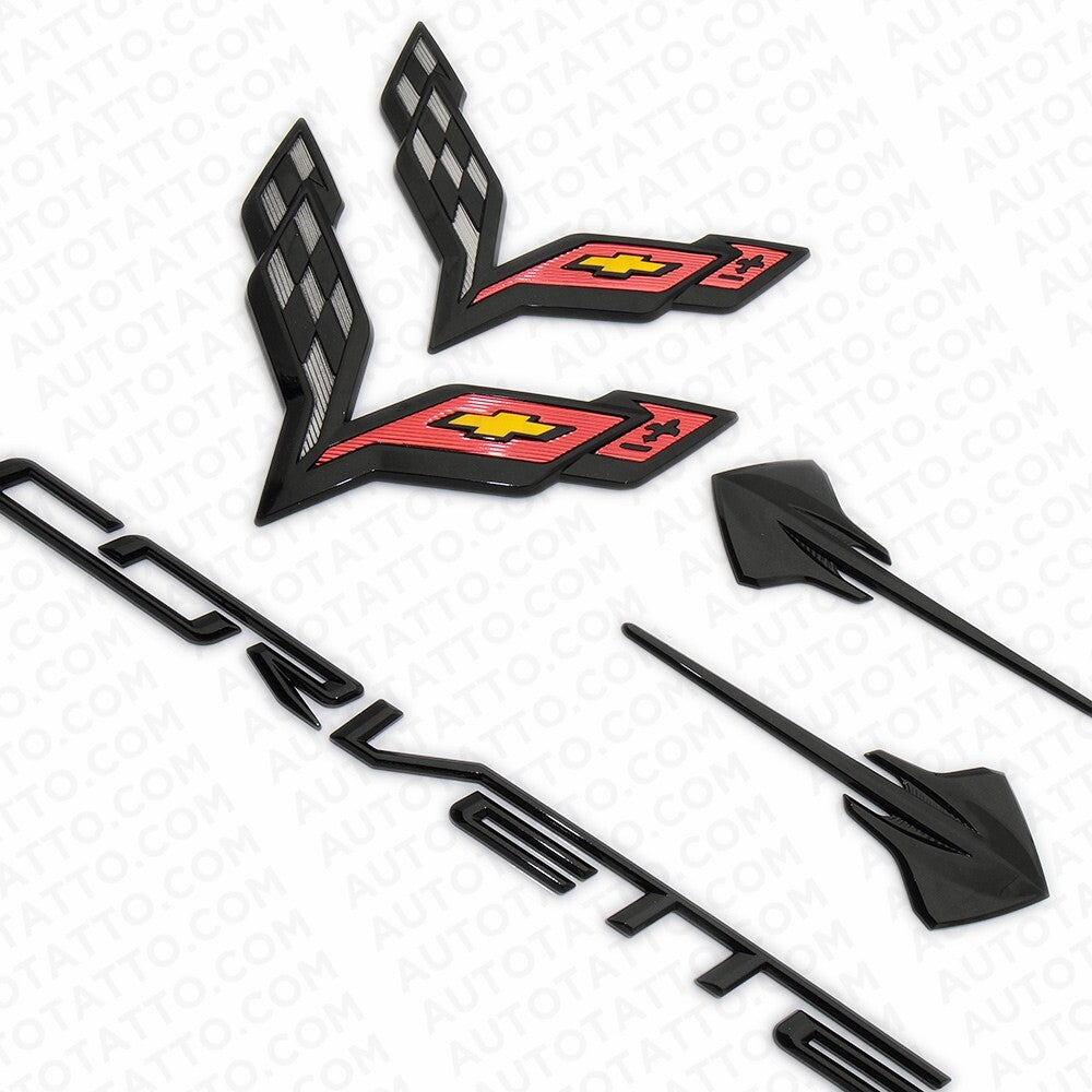 14-19 Corvette C7 Gloss Black Front Rear Fender Set Letter Badge Emblem Sport