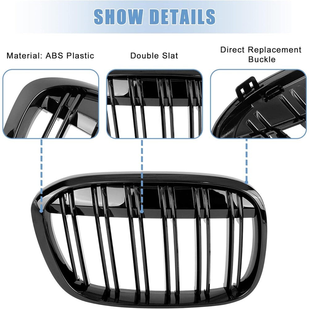 For BMW X1 F48 15-19 Front Bumper Gloss Black Racing Kidney Grille Double Slats