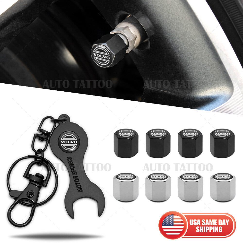 4pcs Hex Volvo Sport Car Tire Wheels Air Stem Dust Valve Cap Cover + Keychain