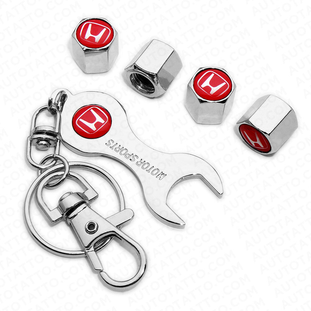 4x Hex Red H Sport Car Tire Wheel Air Stem Dust Valve Caps Cover + Keychain