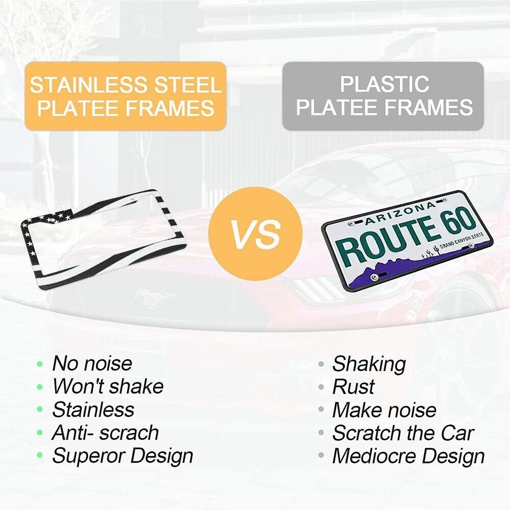 2pcs Black Stainless Steel USA American Nations Flag Car License Plate Frame