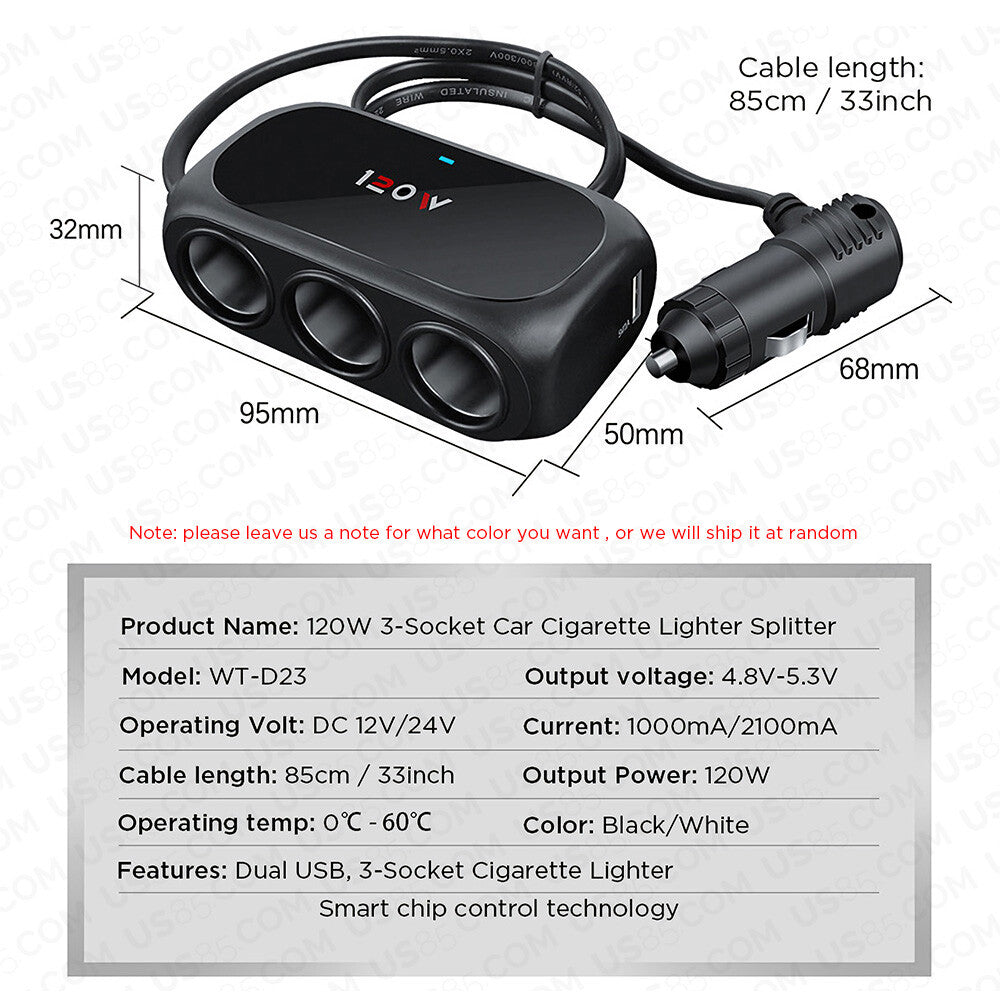 3 Socket Car Truck SUV Multi Cigarette Lighter Adapter Splitter Dual USB Charger