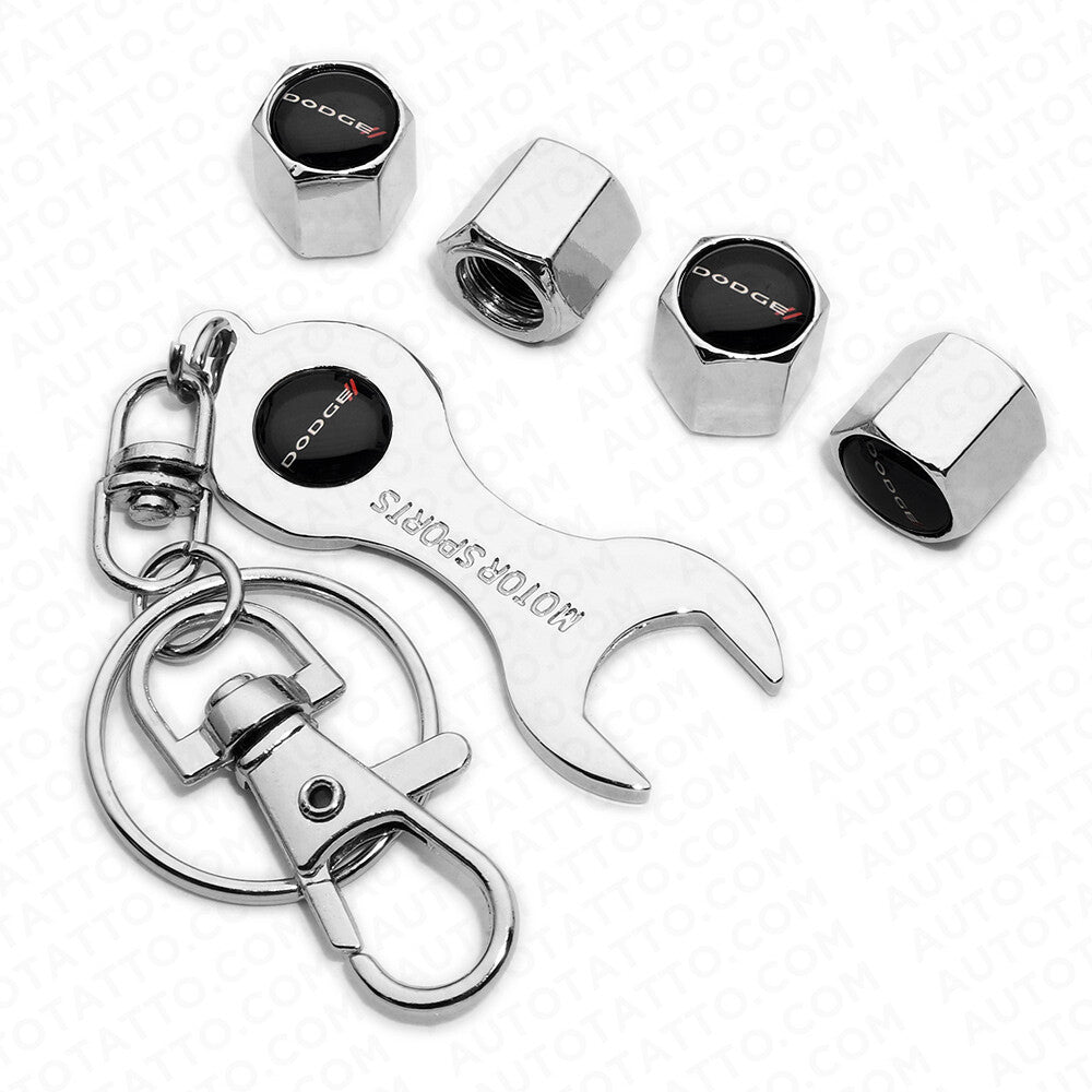 4x Hex Fit Dodge Car Tire Wheel Air Stem Dust Valve Caps Cover + Wrench Keychain