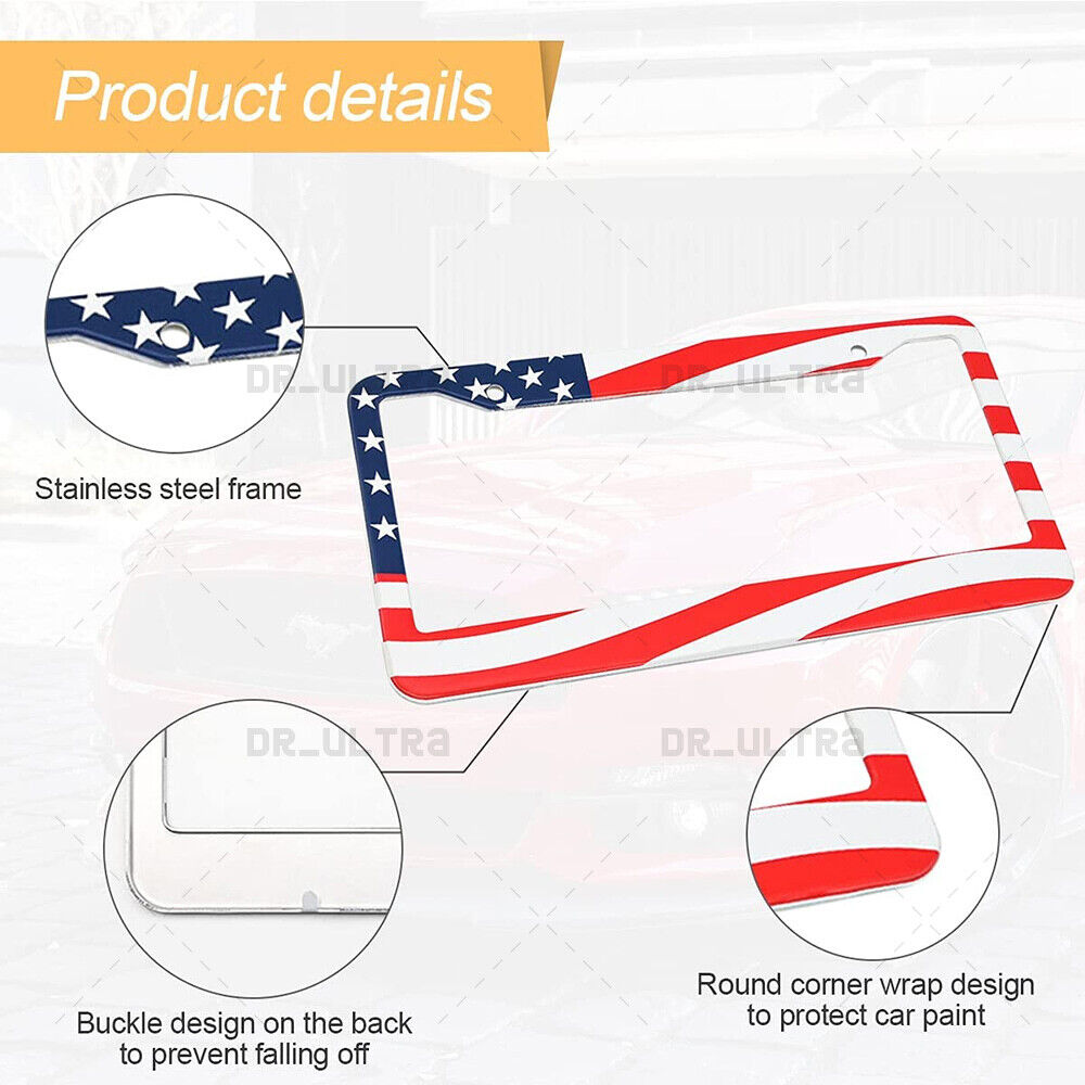 2x Universal Stainless Steel USA American Nations Flag Car License Plate Frame