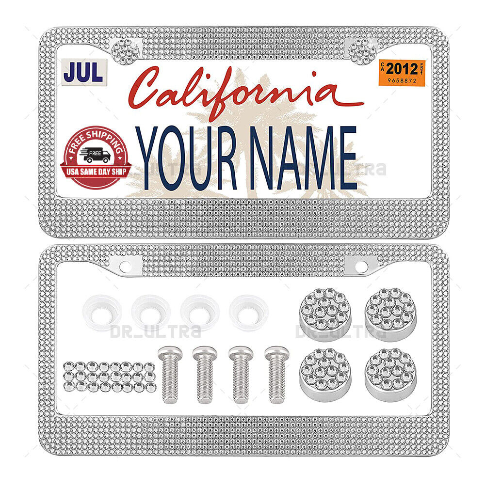 2x Acrylic Bling Rhine Stone Chrome Crystal Diamond Glitter License Plate Frame