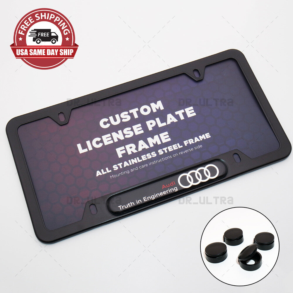 Black Stainless Steel Front Rear Emblem License Plate Frame Cover - Audi Ring