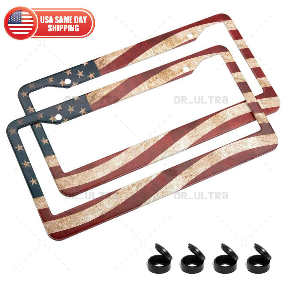 2x Universal Stainless Steel Retro USA American Nations Flag License Plate Frame