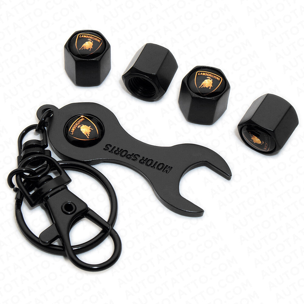 Hex Lamborghini Car Tire Wheel Air Stem Dust Valve Caps Cover + Wrench Keychain