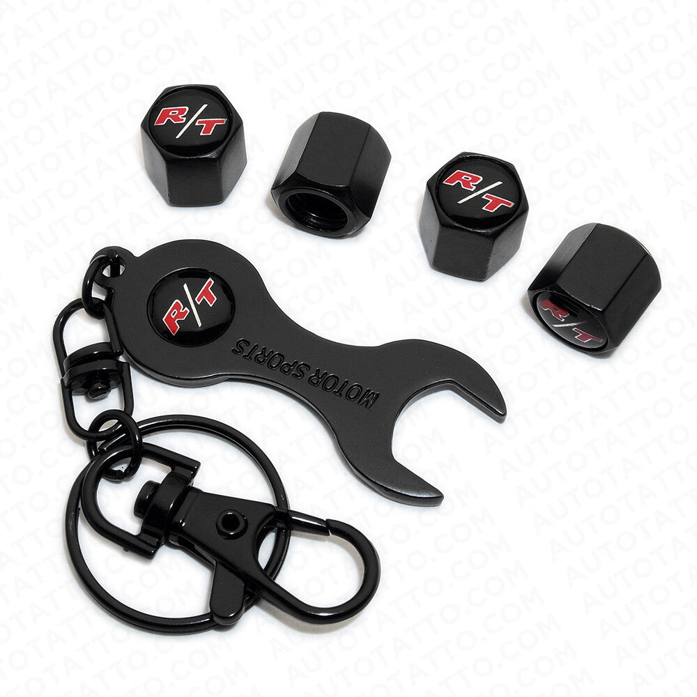 4x Hex Fit R/T Car Tire Wheel Air Stem Dust Valve Caps Cover + Wrench Keychain
