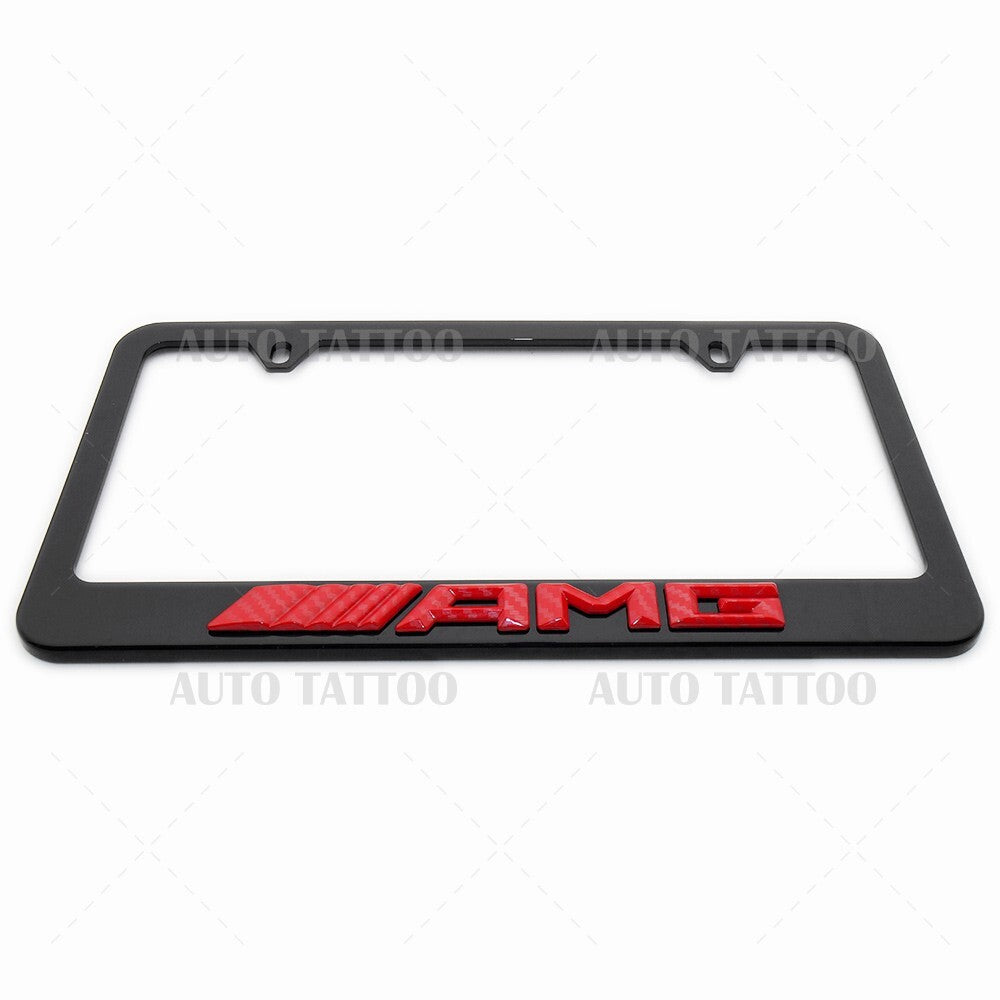 1x Mercedes Red AMG 3D Black License Plate Frame Cover Decorate + Screw Caps