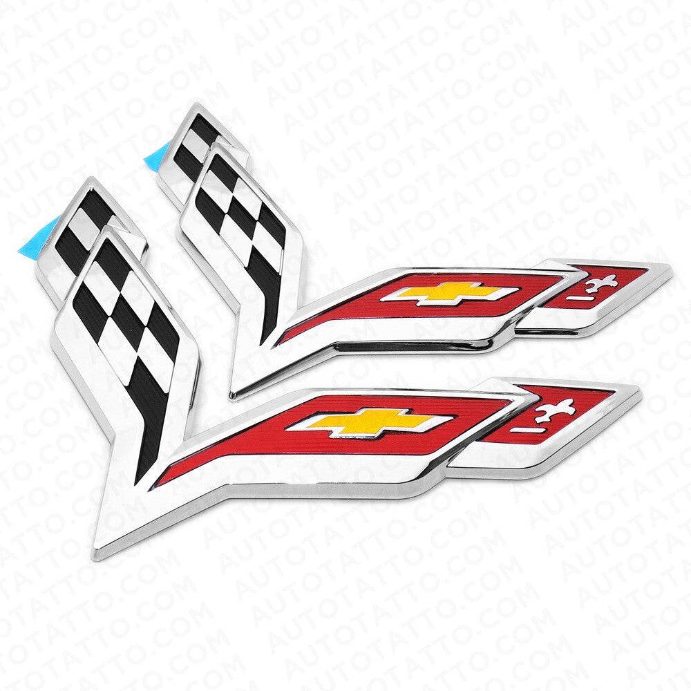 Chevy Corvette C7 2014-2019 Chrome Front & Rear Set Cross Flags Emblem Sport