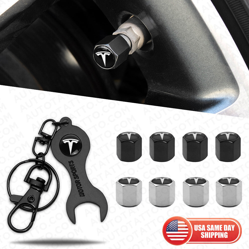 4pcs Hex Tesla Car Tire Wheel Air Stem Dust Valve Caps Cover + Wrench Keychain