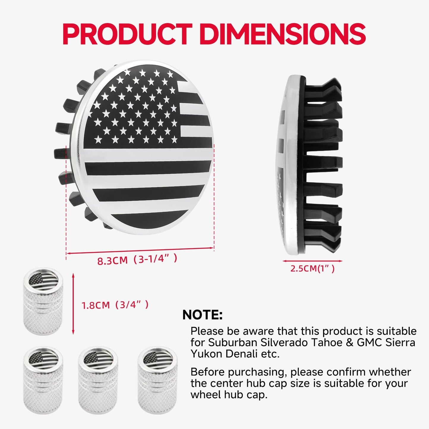 4x Wheel Center Hub Cap 83mm 3.25" USA Flag For Chevy Suburban 2016-19 22837060