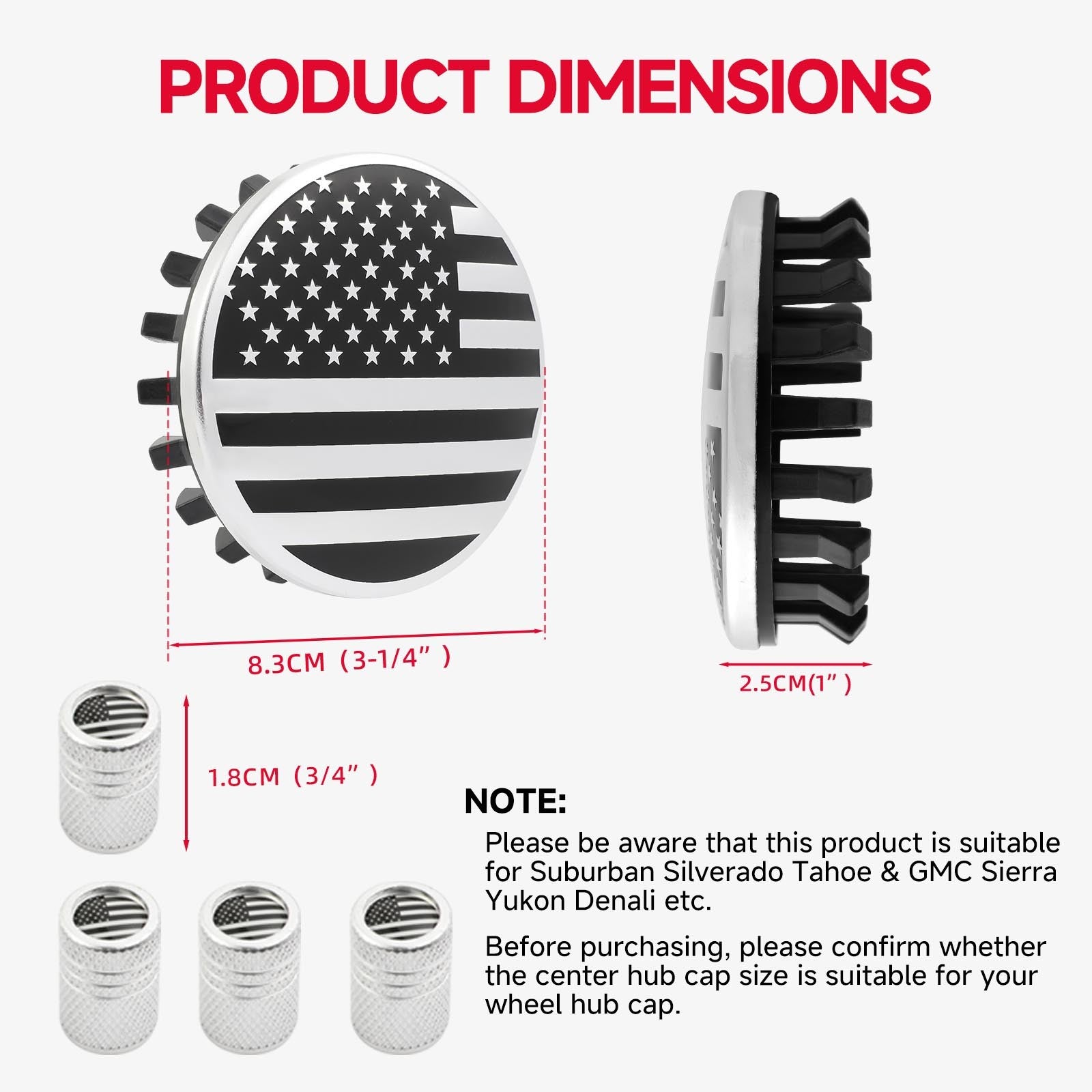 4x Wheel Center Hub Cap 83mm 3.25" USA Flag For Chevy Suburban 2016-19 22837060