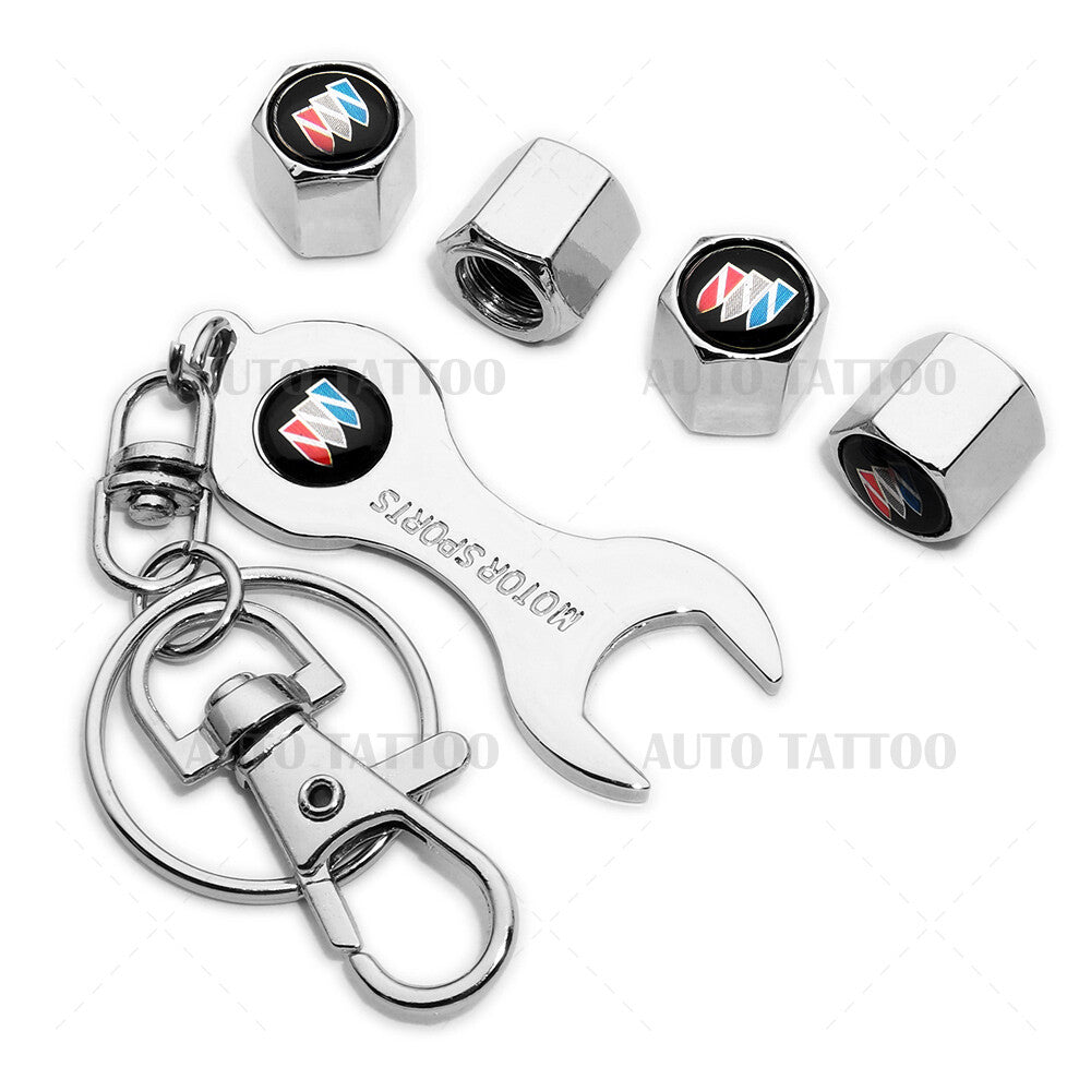 4x Hex Buick Sport Car Tire Wheels Air Stem Dust Valve Cap Cover + Keychain Ring