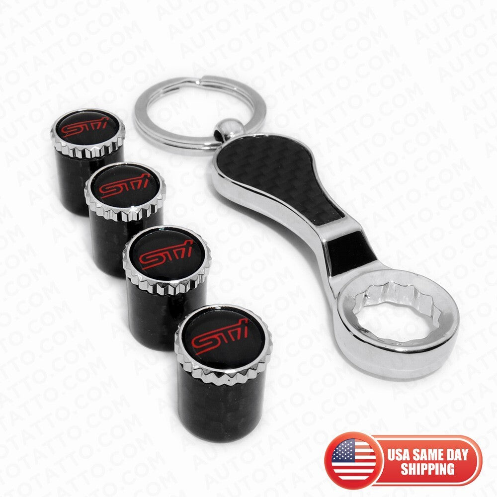 Fit STI Real Carbon Fiber Car Wheel Tire Air Valve Stem Caps Cover Keychain Ring