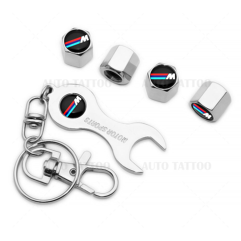 4pcs Hex M Power Sport Car Tire Wheels Air Stem Dust Valve Cap Cover + Keychain