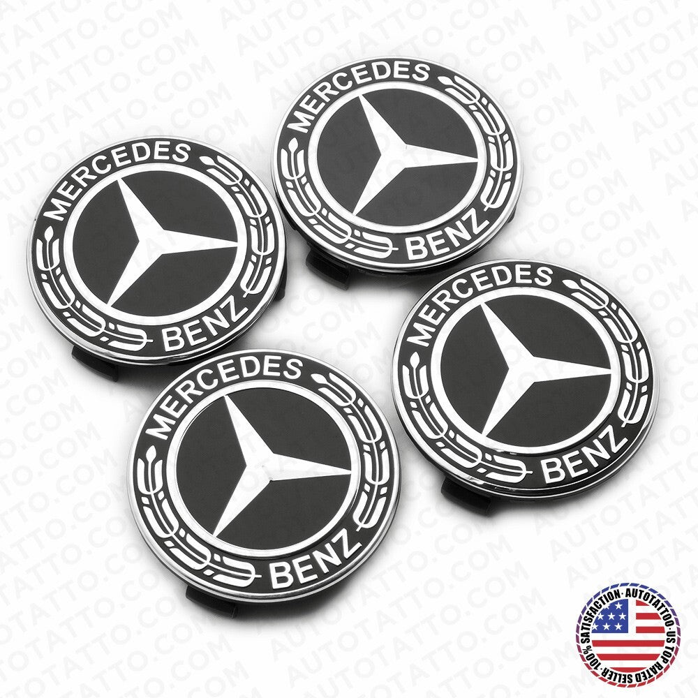 4x Mercedes Wheels Center Cap Hub Star Laurel Black Cover Inserts Sport AMG Set