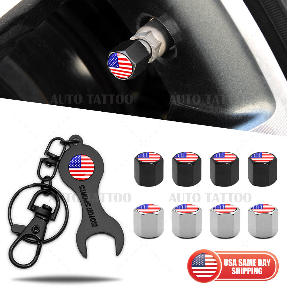 4x Universal USA Flag Car Tire Wheels Air Stem Dust Valve Caps Cover + Keychain
