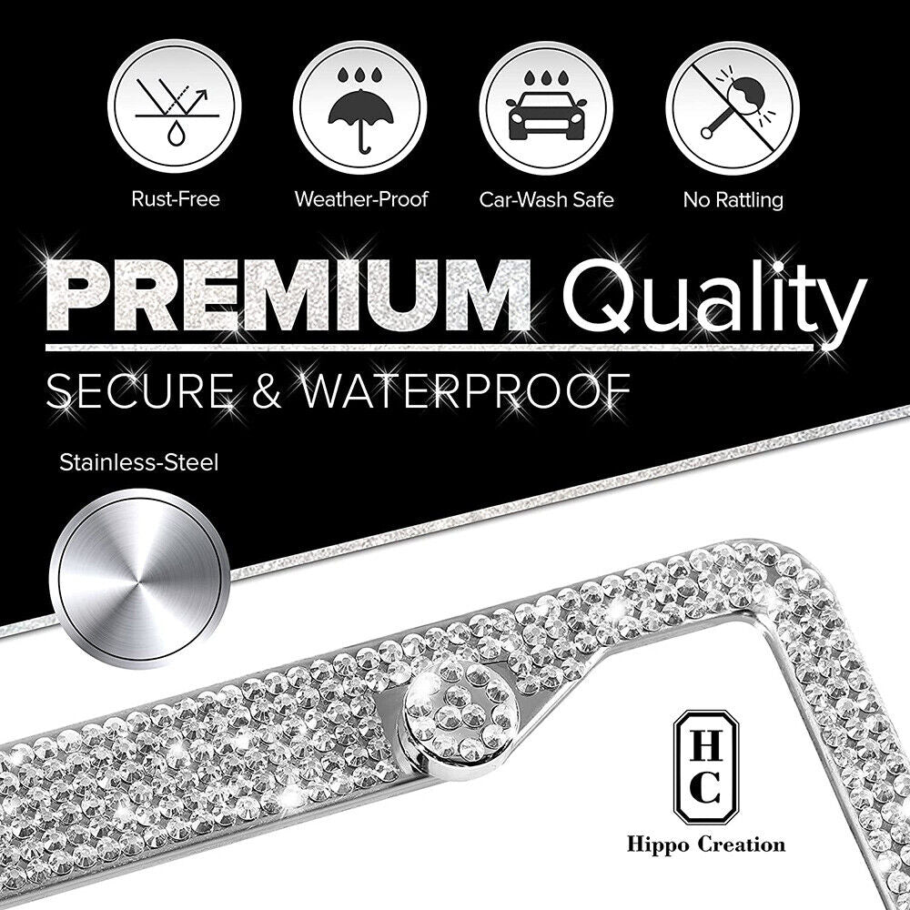 2x Acrylic Bling Rhine Stone Chrome Crystal Diamond Glitter License Plate Frame