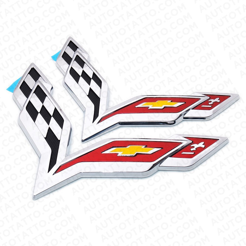 For Corvette C7 2014-2019 OEM Chrome Front & Rear Set Cross Flags Emblem Sport
