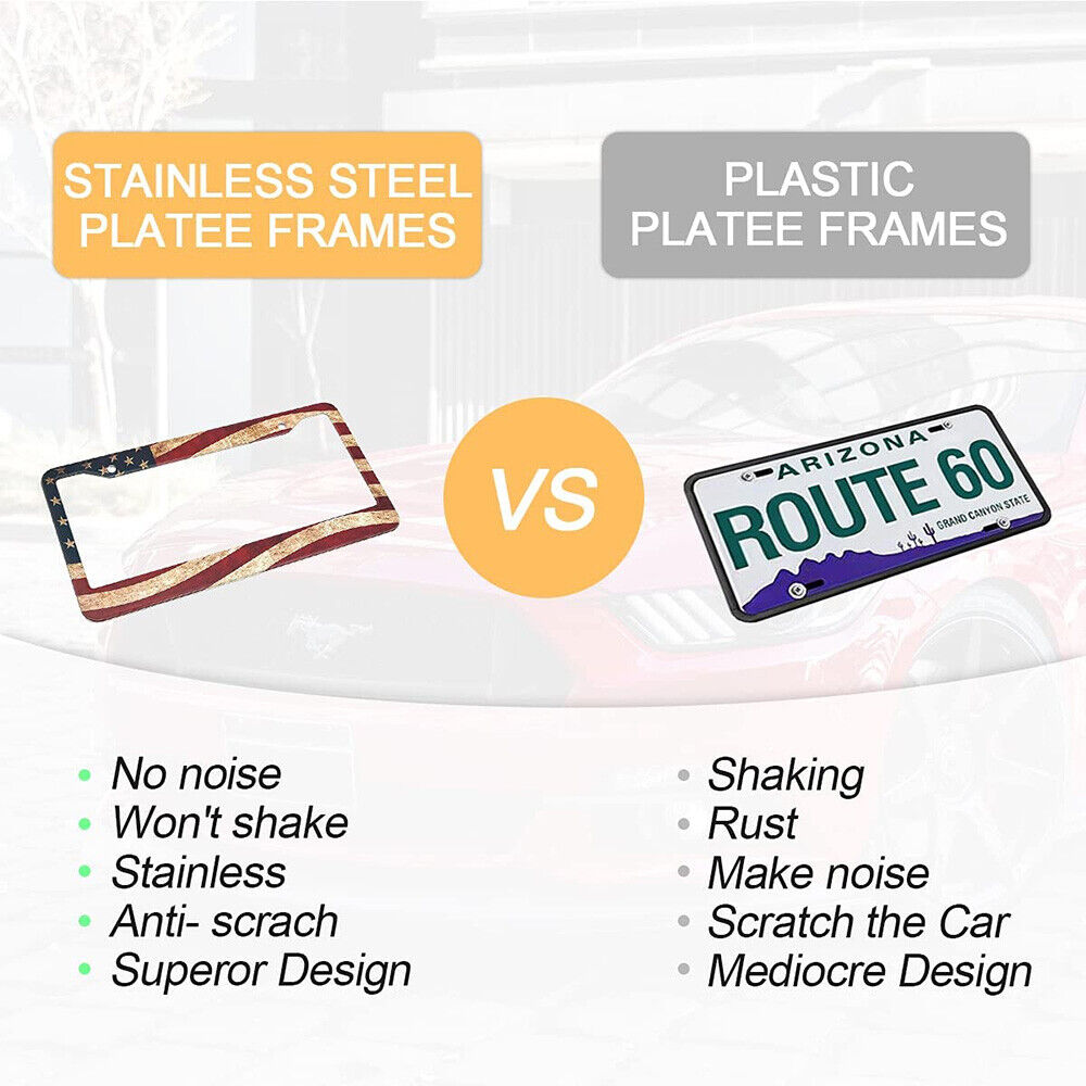 2x Universal Stainless Steel Retro USA American Nations Flag License Plate Frame