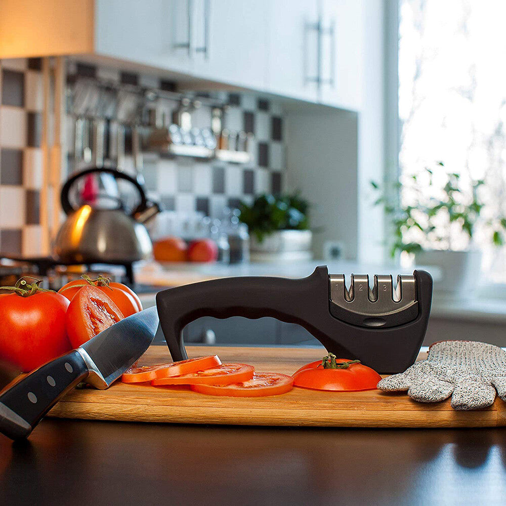 3-Stage Knife Sharpener Repair Restore Polish Blades And 1 Glove For Kitchen