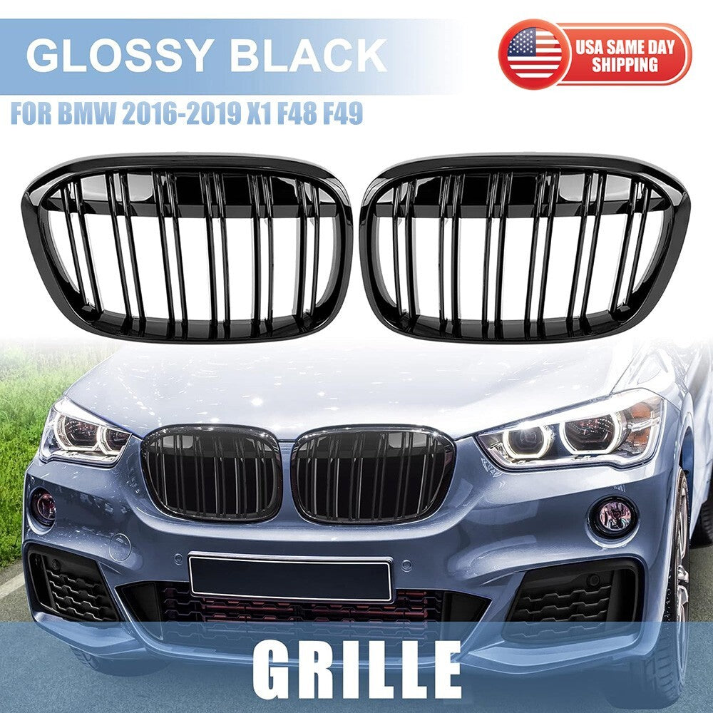 For BMW X1 F48 15-19 Front Bumper Gloss Black Racing Kidney Grille Double Slats