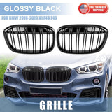 For BMW X1 F48 15-19 Front Bumper Gloss Black Racing Kidney Grille Double Slats