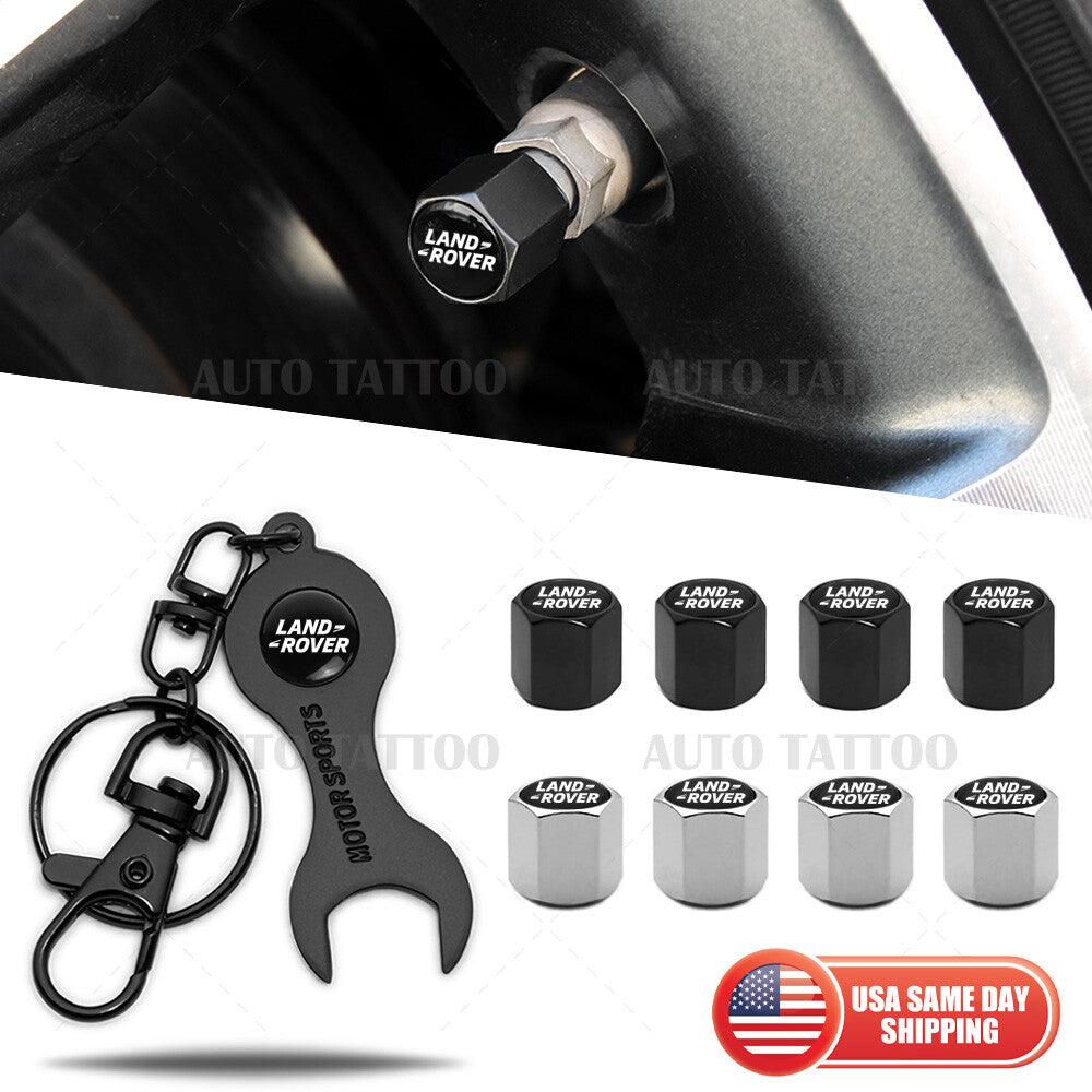 4pcs Hex Land Rover Car Tire Wheels Air Stem Dust Valve Cap Cover + Keychain
