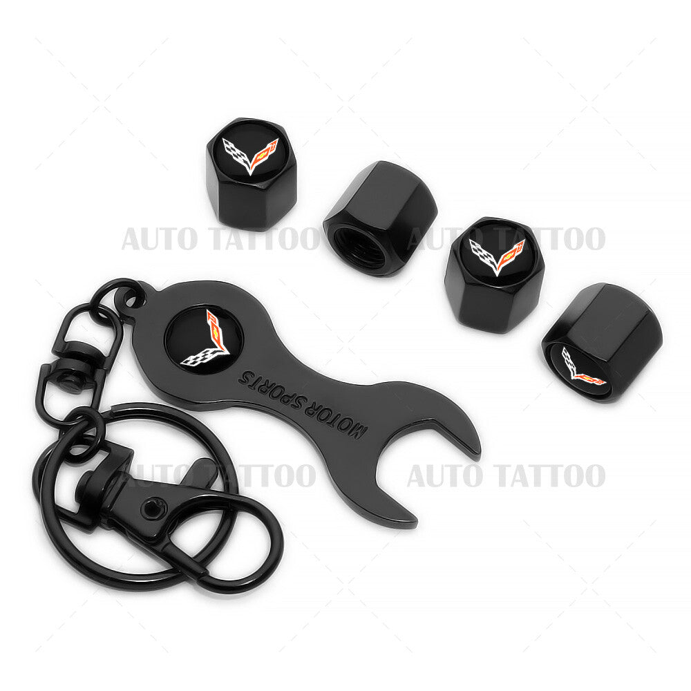 4x Hex Corvette C7 Car Tire Wheels Air Stem Dust Valve Cap Cover + Keychain Ring