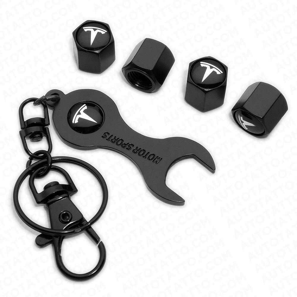 4pcs Hex Tesla Car Tire Wheel Air Stem Dust Valve Caps Cover + Wrench Keychain