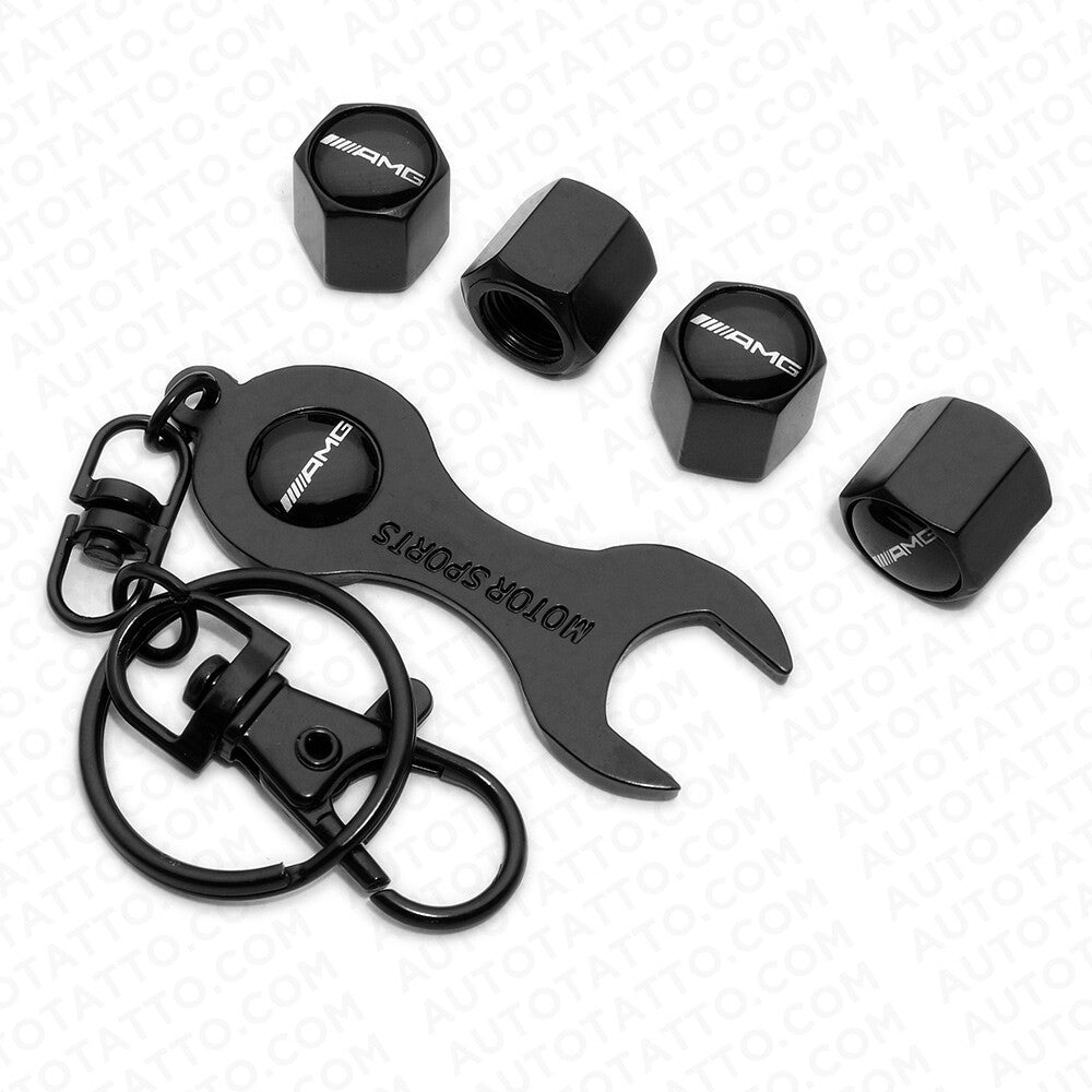 4pcs Hex AMG Sport Car Tire Wheel Air Stem Dust Valve Caps Cover Wrench Keychain