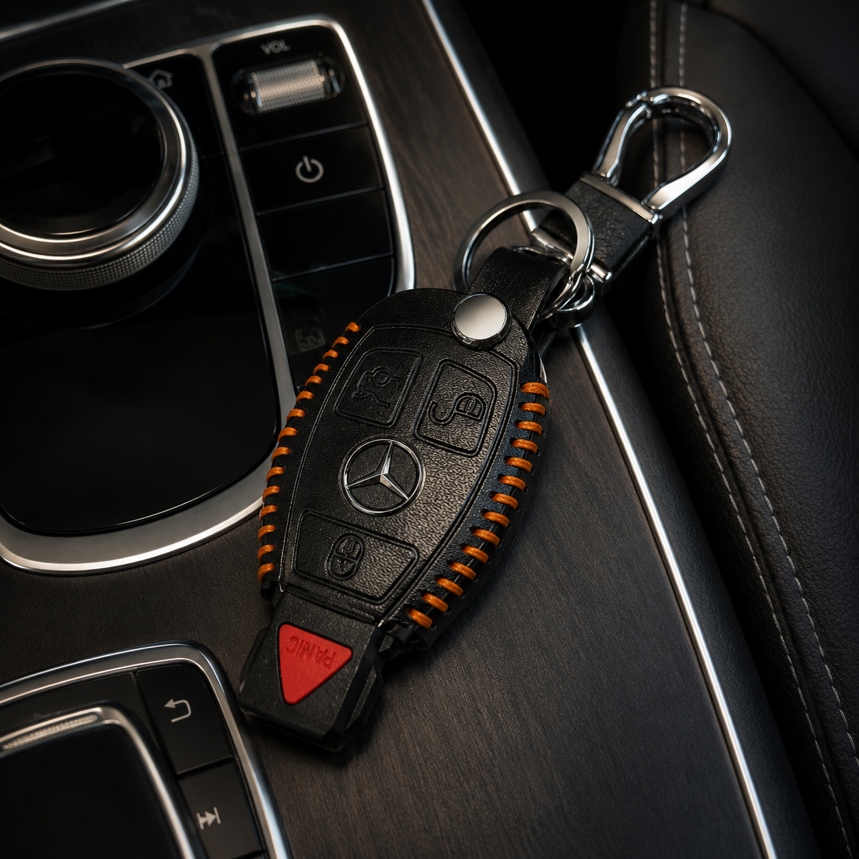 Orange Leather For Mercedes Remote Key Fob Case Shell & Keychain Protect GIft