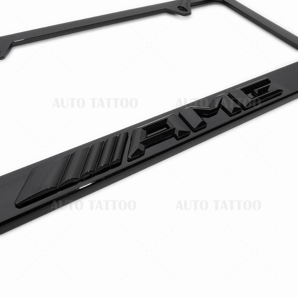 1x Mercedes-AMG 3D Gloss Black License Plate Frame Cover Decorate + Screw Caps