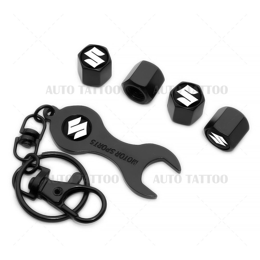 4pcs Hex Suzuki Car Tire Wheels Air Stem Dust Valve Cap Cover + Keychain Ring