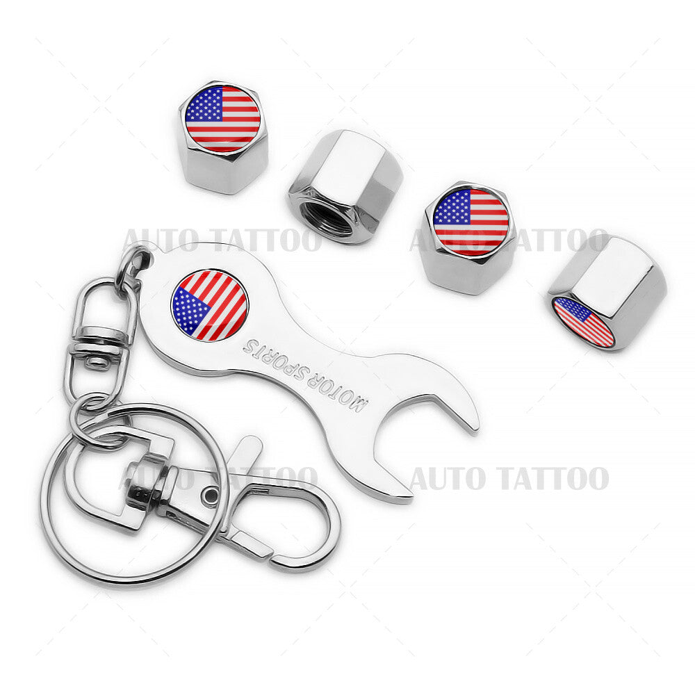 4x Universal USA Flag Car Tire Wheels Air Stem Dust Valve Caps Cover + Keychain