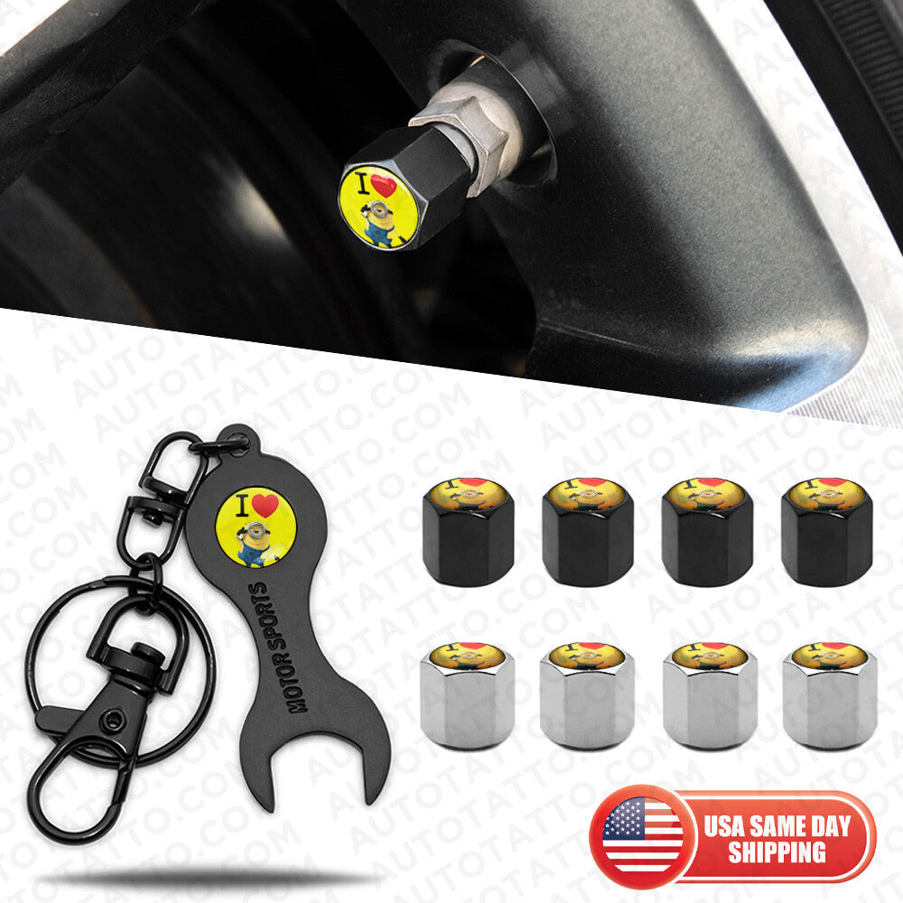 4x Hex Minions Sport Car Tire Wheel Air Stem Dust Valve Caps Cover + Keychain