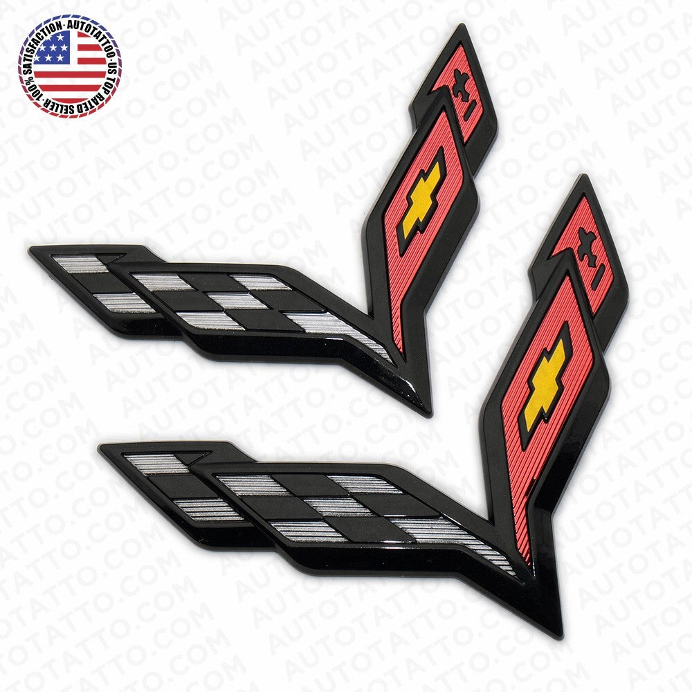 For Corvette C7 2014-2019 Gloss Black Front & Rear Set Cross Flags Emblem Sport