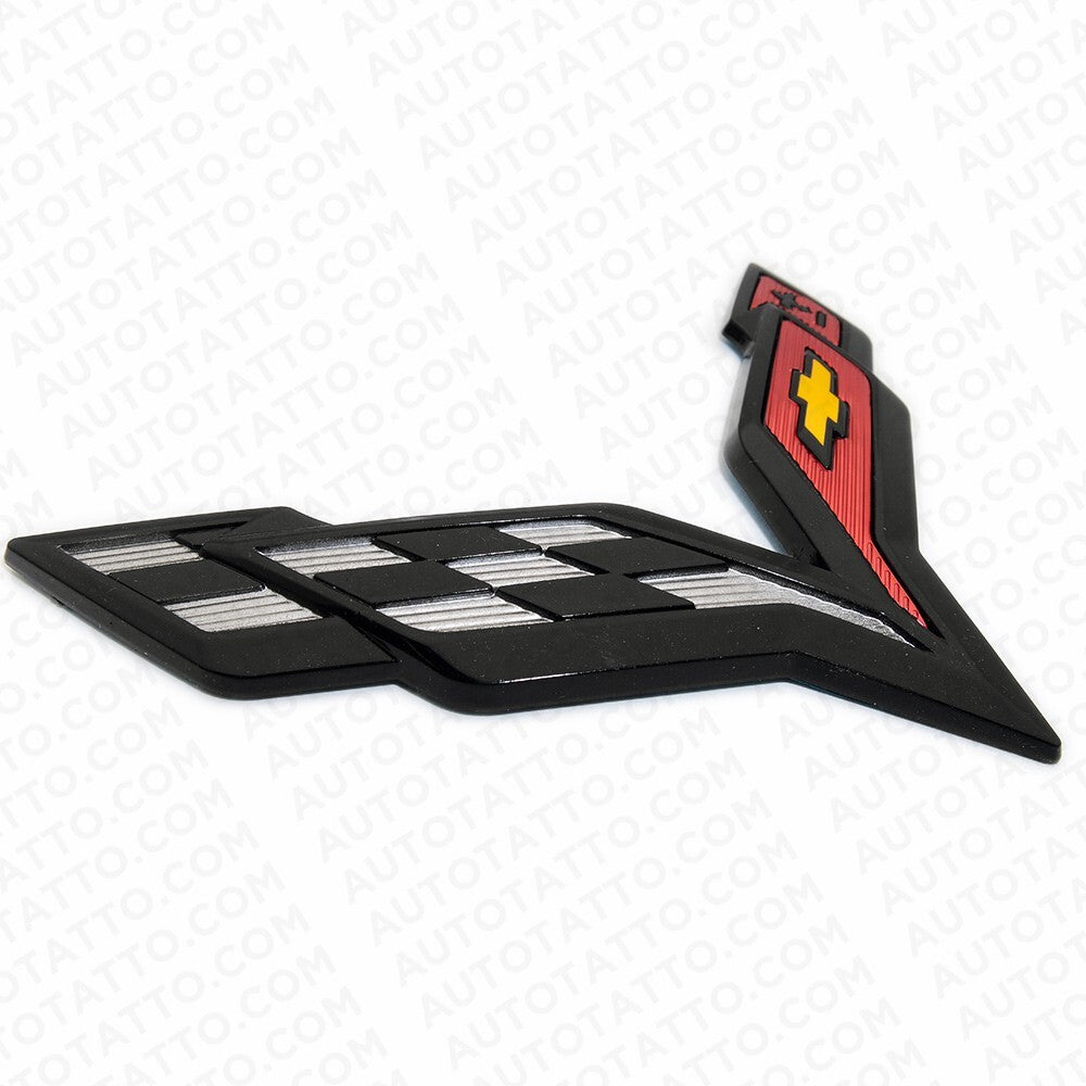 For Corvette C7 2014-2019 Gloss Black Front & Rear Set Cross Flags Emblem Sport