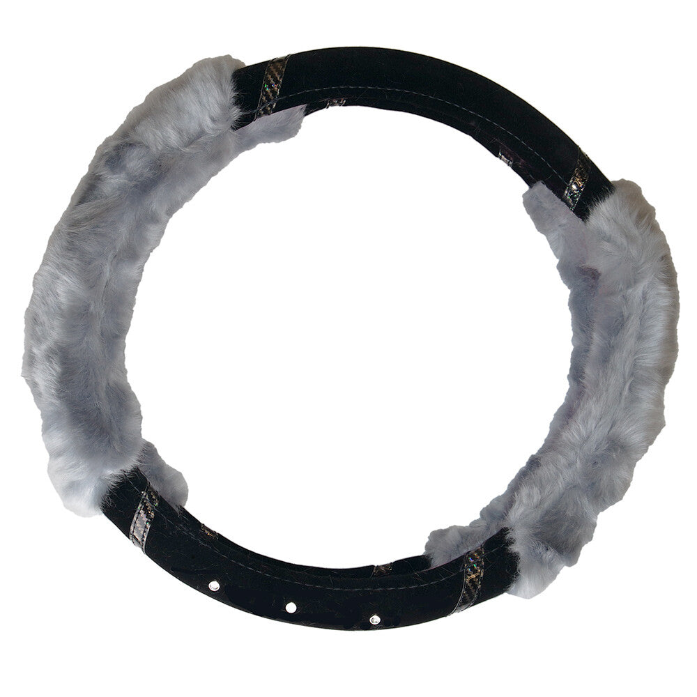Universal Soft Warm 2 Sides Faux Rabbit Fur w/ Diamond Car Steering Wheel Cover