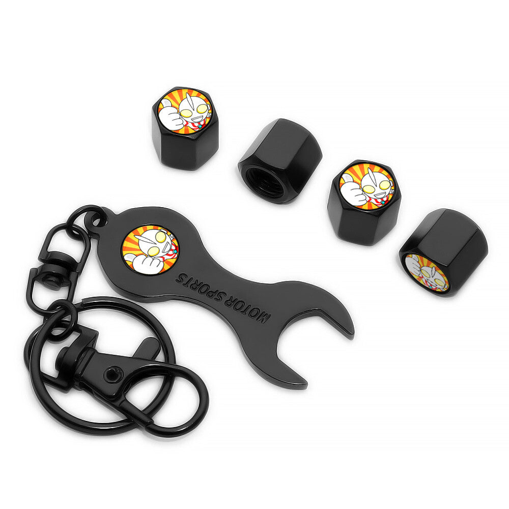 4x Universal Ultraman Car Tire Wheels Air Stem Dust Valve Caps Cover + Keychain