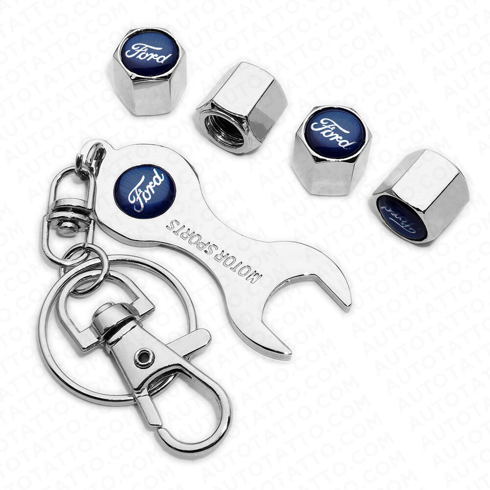 4pcs Hex Ford Car Tire Wheel Air Stem Dust Valve Caps Cover + Wrench Keychain